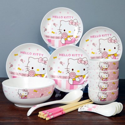 【上品居家生活】Hello Kitty 凱蒂貓 粉紅色系套裝餐具組 陶瓷骨瓷 禮品級 (4碗4匙4筷4盤1湯碗1湯勺)