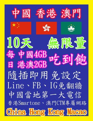 中國網卡 香港網卡 澳門網卡 10天 每日中國4GB、港澳2GB 高速4G上網 用完斷網，隔日恢復高速