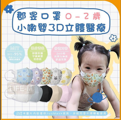 《Life M》【郡昱Junyu】3D小嫩嬰立體口罩(0-2歲) 10片裝+2片小童/袋 台灣製造 無痛舒適耳帶