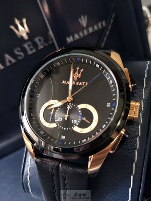 瑪莎拉蒂手錶MASERATI手錶TRAGURDO款，編號R8871612025,黑色錶面黑色皮革錶帶款