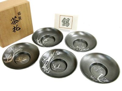 【日本古漾】71211日本上錫 錫半作  円式 茶托 五客 箱付  超美品稀有