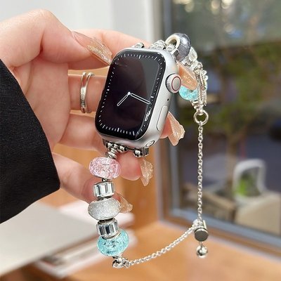 現貨 Apple Watch 創意水晶珠錶帶 女士金屬手鍊錶帶 SE S6 S7 S8 41mm 45mm 鏈式錶帶