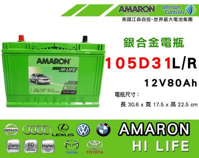 全動力-AMARON愛馬龍 進口免加水電瓶 105D31L (80Ah)  Lexus 凌志 LX470 LX570適用