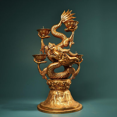 珍品舊藏收純銅高浮雕鏨刻鎏金盤龍拉臺 油燈 工藝精湛  器型款式精美重3200克300