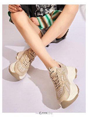 EmmaShop艾購物-韓國同步上新-東大門秋冬網紅款真皮亞麻織布厚底老爹鞋/米色