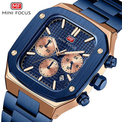 Mini FOCUS 時尚石英手錶男士菱格方形錶殼設計計時碼表夜光手錶商務不銹鋼手錶 + 盒