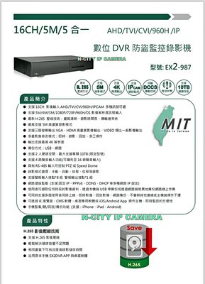 【N-CITY】聯順AHD TVI 16路5百萬監控主機EX2 DVR(8路警報+鐵捲門控制)(987)