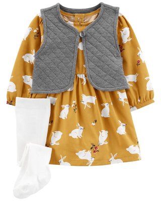 MIABABY 美國童裝 Carter's 女寶寶黃色兔兔洋裝+背心+褲襪三件組 12M 現貨