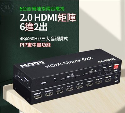 (台灣現貨) 真4K HDMI2.0版 6進2出 六進二出 矩陣 切換器 光纖 3.5mm 解碼器 DTS 獨立音源輸出