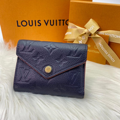 【哈極品】二手品《 Louis Vuitton LV 海軍藍 全皮壓紋 三折零錢短夾/皮夾》