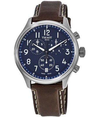 TISSOT Chrono XL Vintage 藍色面錶盤 棕色皮革錶帶 石英 三眼計時 男士手錶 T1166171604200 天梭腕錶