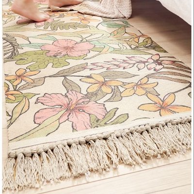 簡約北歐手工編織流蘇純棉地墊地毯 ins長條家用臥室防滑床邊地毯腳墊 北歐 現代