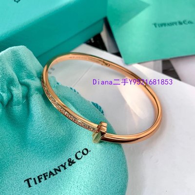 Diana二手正品Tiffany蒂芙尼 T系列T1 窄式鑲鉆手鐲 18K玫瑰金手環 GRP11300 現貨