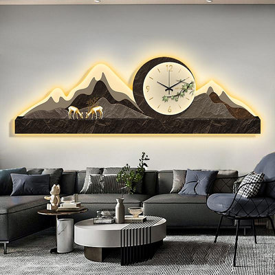2023客廳裝飾畫高級感沙發背景墻掛畫帶時鐘LED燈發光壁畫鐘表半米潮殼直購