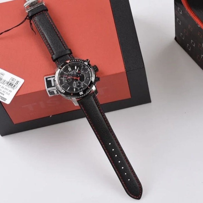 TISSOT PRS200 黑色錶盤黑色皮革錶帶石英三眼計時男士手錶 