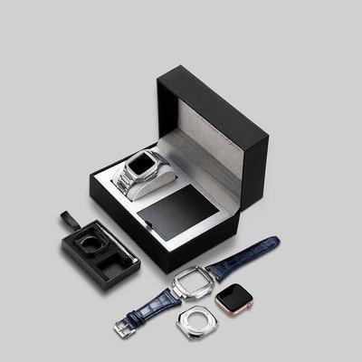 頂配版皮革手錶套裝禮盒 適用Apple Watch 4/5/6/SE 44mm 45mm 頭層牛皮防水錶帶 男表配件