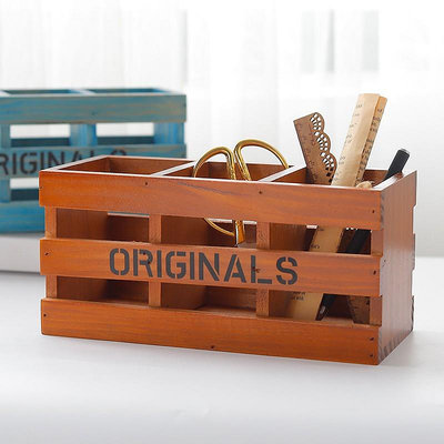 ！復古木盒木質桌面化妝品收納盒實木三格筆筒遙控器儲物盒
