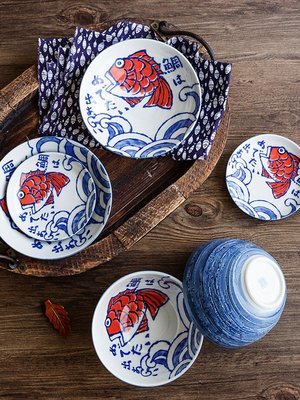 日本進口餐具陶瓷日式手繪鯛魚米飯碗碟家用和風面碗盤