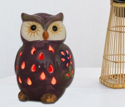 歐洲進口 陶瓷太陽能紫色貓頭鷹裝飾品擺件花園房間客廳夜燈檯燈浪漫夜燈燈光 6990c