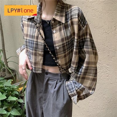 格子設計感小眾長袖復古港風寬鬆chic短上衣女【LPY#lone】