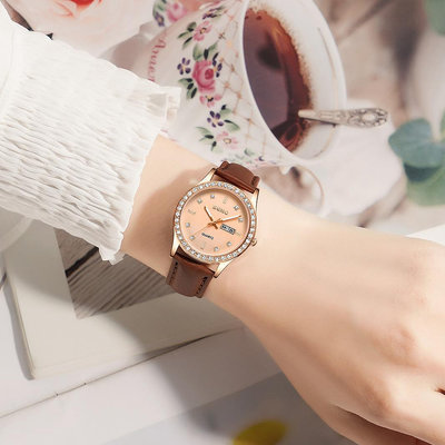 現貨女士手錶腕錶抖音爆款韓國全自動合金女式仿皮手錶雙日歷夜光防水學生石英錶