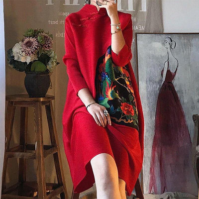 mh 洋裝 連身裙 洋裝 2021新款 春季 中國風 改良版 旗袍式 褶皺  顯瘦 寬鬆 大尺碼（滿599元）