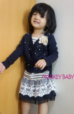 全館滿699免運【MONKEY BABY 】韓版優雅氣質風假二件設計外套真珠裝飾蕾絲裙擺藍色洋裝