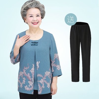 套裝 中老年人夏裝女60-70歲奶奶裝長袖T恤媽媽上衣老人衣服老太太套裝