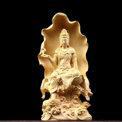 創客優品 現貨黃楊木雕荷葉自在觀音菩薩佛像擺件家居佛堂供奉飾品觀自在佛像 FX545