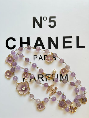 Chanel 香奈兒紫色水晶琺瑯山茶花流蘇項鍊毛衣鍊