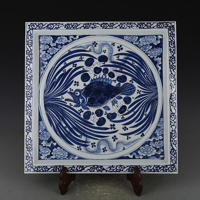 元青花魚藻紋方盤茶盤    2.5×451500138 瓷器 汝窯 官窯【華夏尋寶】
