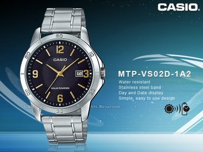 CASIO卡西歐 手錶專賣店 MTP-VS02D-1A2 指針男錶 不鏽鋼錶帶 黑 太陽能 全新品 保固一年_開發票
