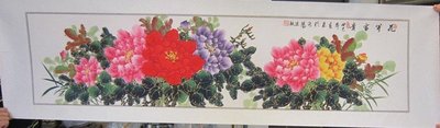 『府城畫廊-手繪國畫』牡丹花卉畫－花開富貴－46x160－(可加框)－歡迎查看關於我來聯繫－AG02