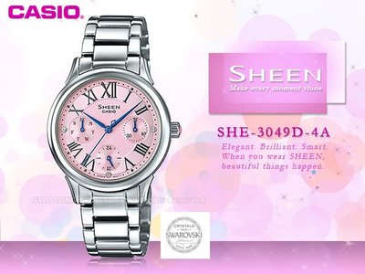 CASIO 卡西歐 手錶專賣店 SHE-3049D-4A 女錶 不鏽鋼錶帶  三眼 防水 羅馬數字