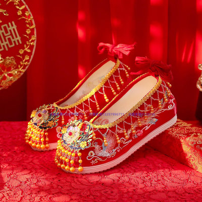 漢唐之家原創紅色中式秀禾婚鞋平跟古風漢服繡花鞋古裝新娘結婚鞋-沐陽家居