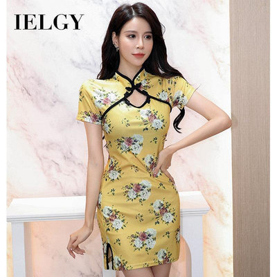 IELGY 中國風夏季少女性感鏤空改良旗袍修身短款洋裝連衣裙（滿599元）