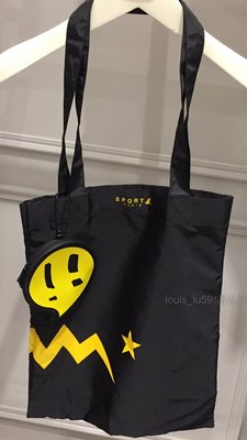 【亮黃款】小b agnes b. SPORT b. 精品【黑色經典logo輕巧摺疊購物袋+可愛造型收納包】附小提袋