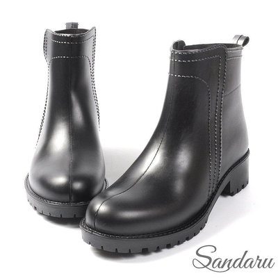【現貨】雨靴 仿立體車線防水低跟短靴-黑