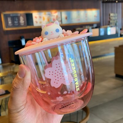 下殺 星巴克2020櫻花季萌貓茶漏玻璃杯可愛萌貓杯蓋茶漏雙層玻璃杯