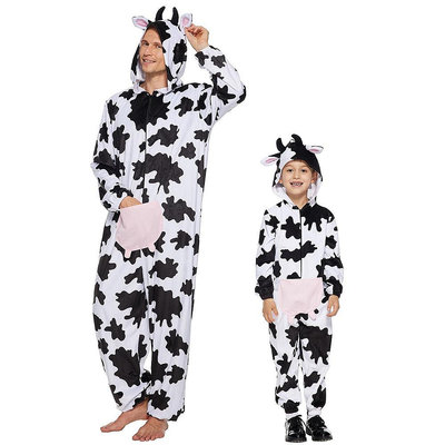 成人搞笑奶牛角色扮演服 萬聖節變裝派對動物Cos服裝 情侶親子可愛乳牛造型法蘭絨連帽睡衣套 家庭遊戲居家服