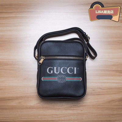 LISA二手 GUCCI 古馳 牛皮綠紅綠Print Logo日字斜背包(黑) 523591 0QRAT 8163