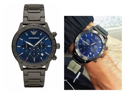 EMPORIO ARMANI Mario 藍色錶盤 鐵灰色不鏽鋼錶帶 石英 三眼計時 男士手錶 AR80045