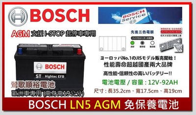 ☆新北鶯歌電池☆實體店面 BOSCH LN5 AGM92 支援I-STOP 鍛造極板長壽命免保養汽車電池