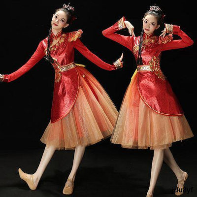 現代舞演出服女舞蹈服裝短裙中國風亮片廣場舞連衣裙快板舞打鼓服  市