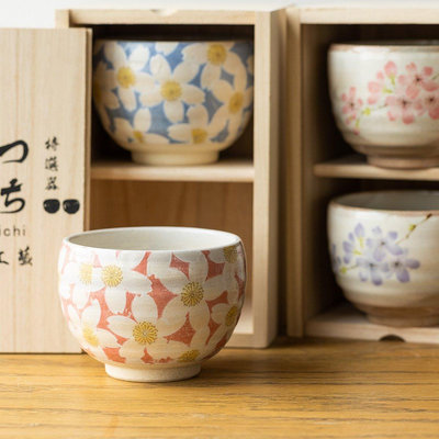 日本進口美濃燒手繪櫻花米飯碗餐具禮盒日式抹茶碗大茶~特價#促銷