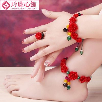 今年玫瑰腳鍊手鍊硃砂簡約中國紅古風宮鈴性感腳踝飾品手工新-玲瓏心飾