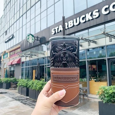 【熱賣精選】現貨 Starbucks 星巴克 吸管杯夏限量墨綠酷黑女神皮套玻璃杯大容量水杯父親節杯子