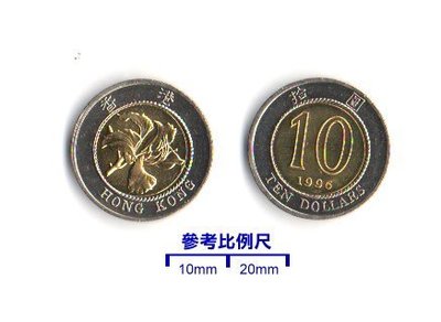 【超值硬幣】香港1996年10元 港幣 雙色幣一枚，好品珍罕~98新