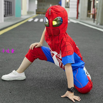 【仿真蜘蛛人】Mango蜘蛛人童裝男童夏裝童裝男孩寶寶短袖套裝中兒童帥氣兩件套兒童漫威超級英雄衣服