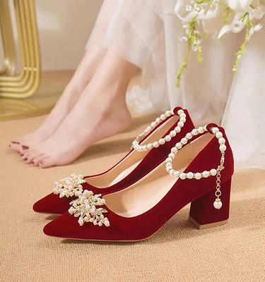 婚鞋女粗跟新款新娘孕婦結婚鞋酒紅色中式婚禮敬酒高跟鞋秀禾婚紗